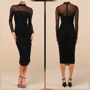 Lulus Impressive Flirt Black Mesh Ruched Mock Neck Midi Dress XXS